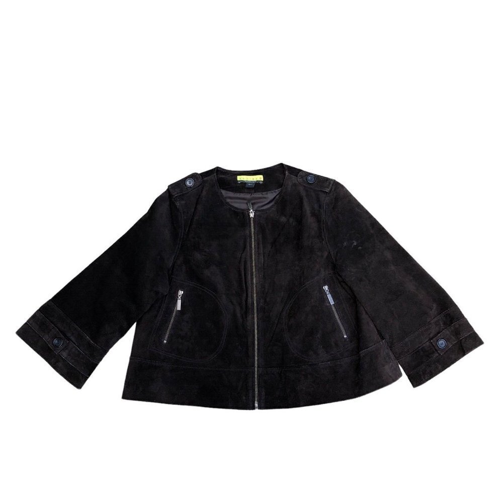 ASHLEY B Bernardo Leather Suede Jacket Women's LARGE Coat Black Full Zip Wide‌‌‌